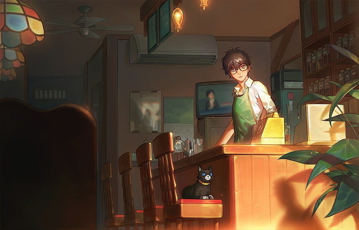 persona 5, morgana, anime boy, glasses, cat, neko, real people, HD wallpaper