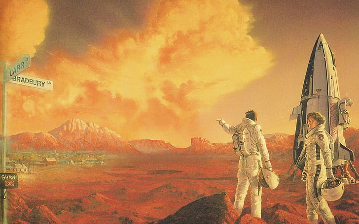 two astronauts landed on mars painting, artwork, science fiction, HD wallpaper