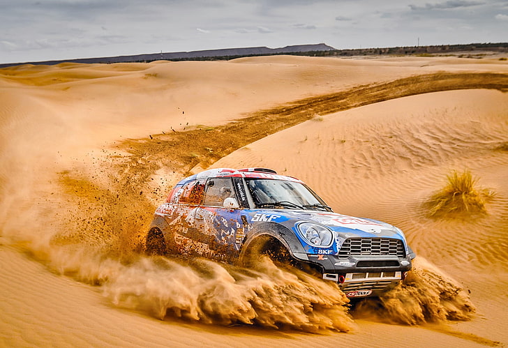 sand, Rally, racing, car, Mini, front angle view, mode of transportation, HD wallpaper