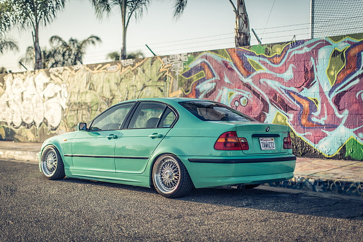 teal BMW sedan, graffiti, tuning, three, roadside, Drives, E46