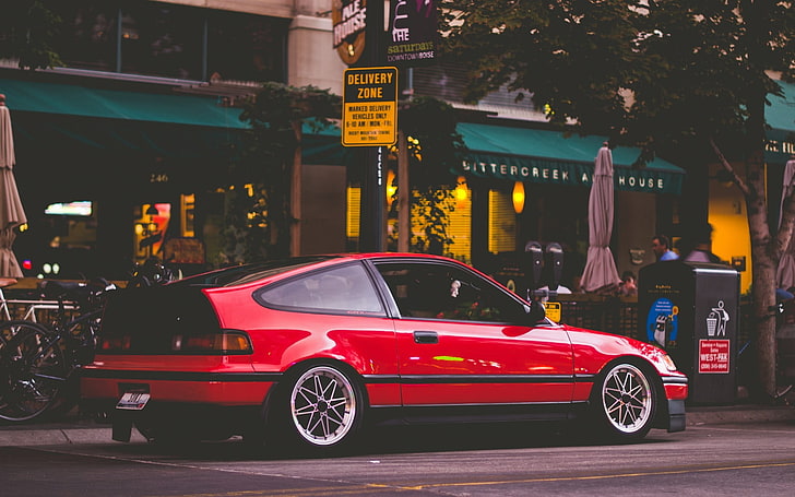 red coupe parked in store facade, car, Honda, Honda CRX, mode of transportation