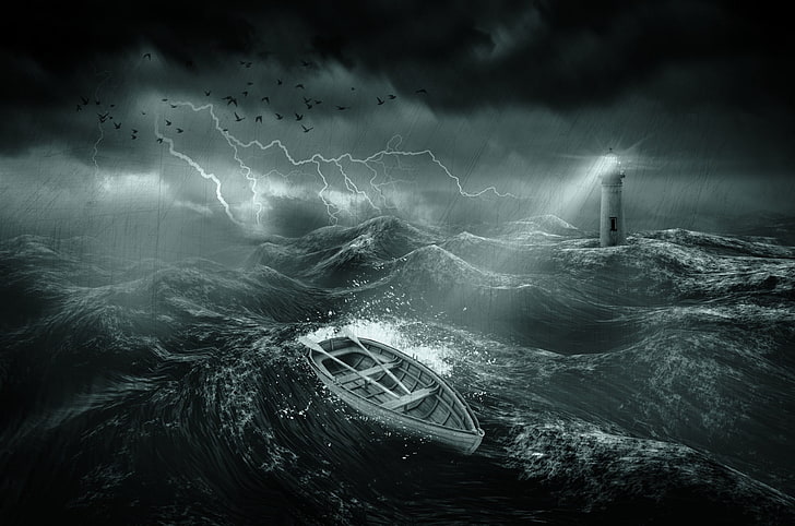 illustration of stormy seas with lighthouse and clinker boat, HD wallpaper