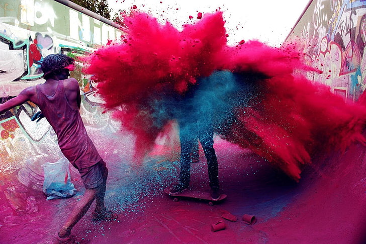 pink powder bomb, skateboard, Gulal, paint splatter, colorful