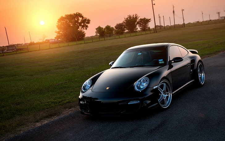 black Porsche 911 coupe, car, Porsche 911 Turbo (997), mode of transportation, HD wallpaper