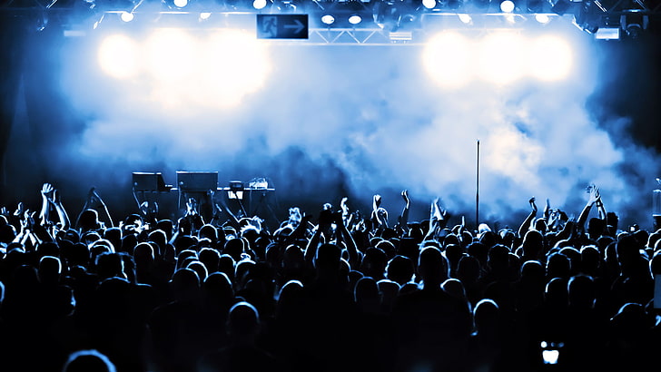 lighted stage, darkness, smoke, the crowd, scene, Concert, the audience