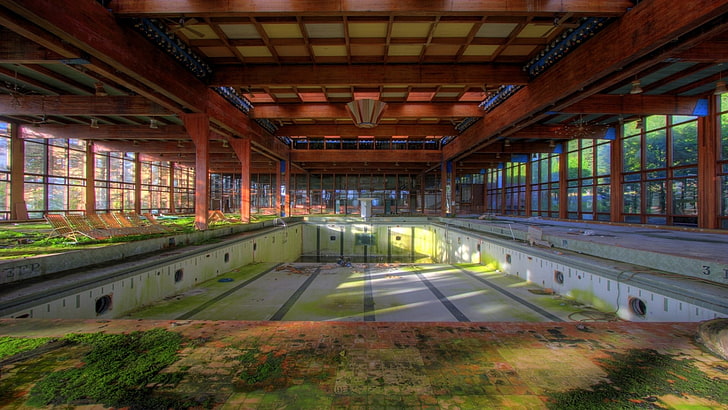 empty rectangular swimming pool, abandoned, decay, ruin, Pripyat