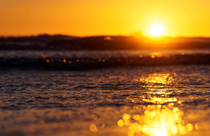 sea water, depth of field, bokeh, Sun, horizon, sunset, sky, orange color, HD wallpaper