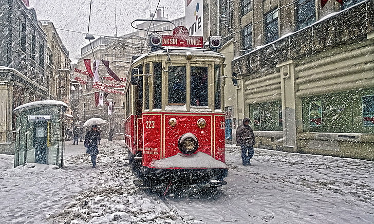 turkey istanbul taksim, snow, winter, tram, people, City, building exterior