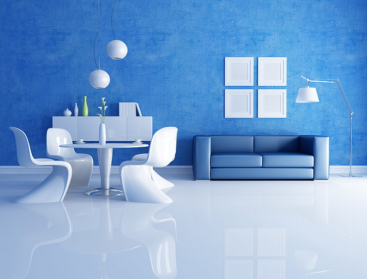 white 5-piece dining set and blue 2-seat sofa illustration, furniture, HD wallpaper