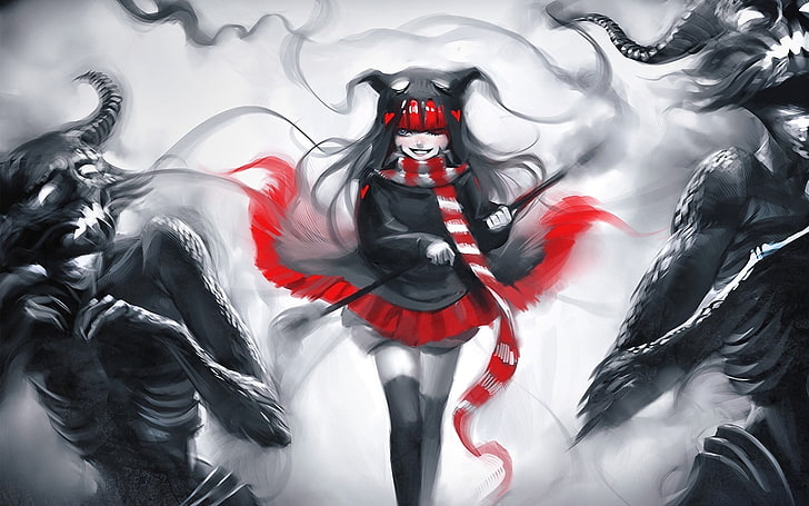 girl wearing black and red dress illustration, manga, paint, indoors, HD wallpaper