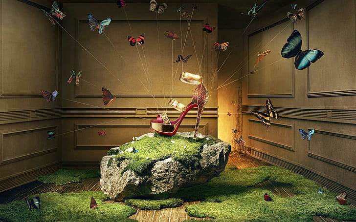 Christian Louboutin Shoes, grass, butterflies, 3d and abstract, HD wallpaper