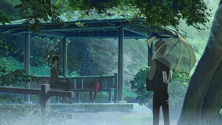 rain, The Garden of Words, Makoto Shinkai , anime, tree, plant, HD wallpaper
