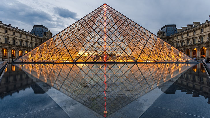glass greenhouse, lights, Louvre, evening, Paris, city, architecture, HD wallpaper