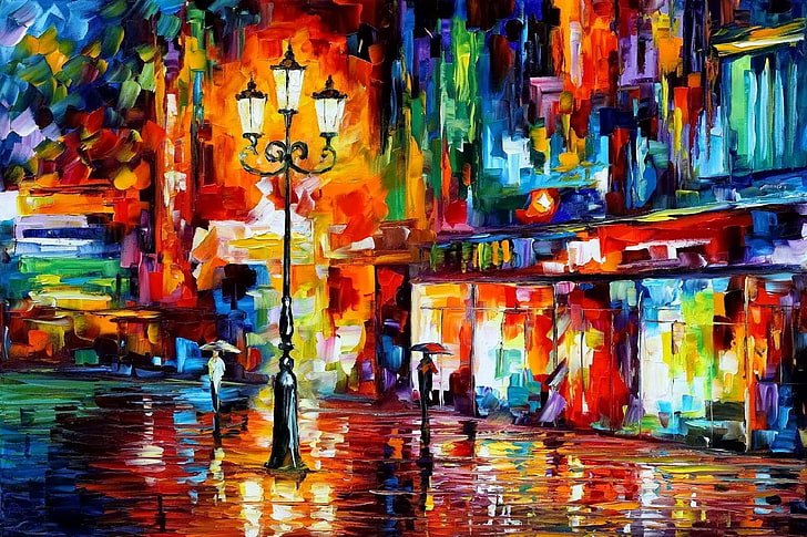 assorted-colored abstract painting, colorful, street light, Leonid Afremov, HD wallpaper