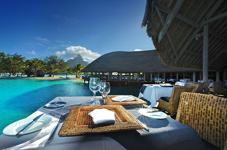 Paradise Dining HD, blue, food, table-for-two, lunch, island, HD wallpaper