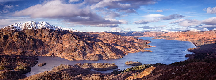 Loch Katrine, Scotland, Panoramic View, brown mountains, Europe, HD wallpaper