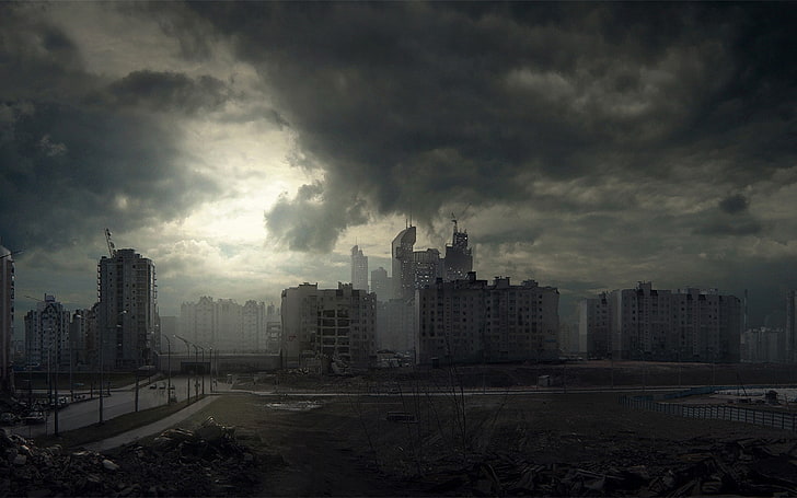 clouds buildings apocalypse science fiction artwork skyscapes 1920x1200  Nature Sky HD Art
