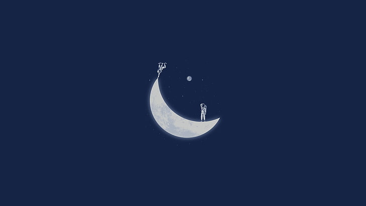 crescent moon illustration, stars, space, astronaut, minimalism, HD wallpaper
