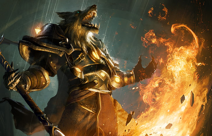 werewolf holding staff wallpaper, fire, flame, world of warcraft