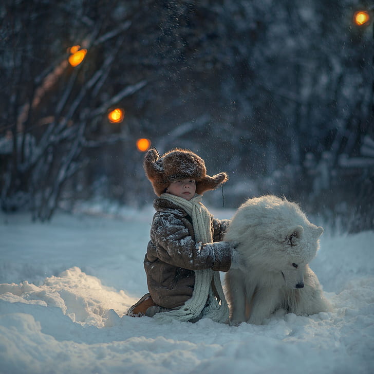 winter, snow, hat, dog, boy, scarf, friends, Samoyed