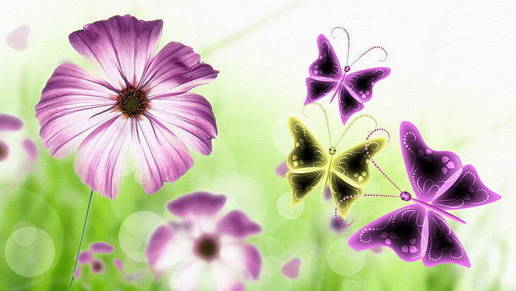 Purple Flowers Butterflies, purple and white flowers with butterflies illustration, HD wallpaper