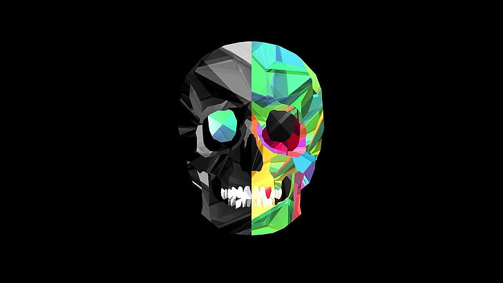 teal, yellow, and black skull illustration, colorful, fire, magic
