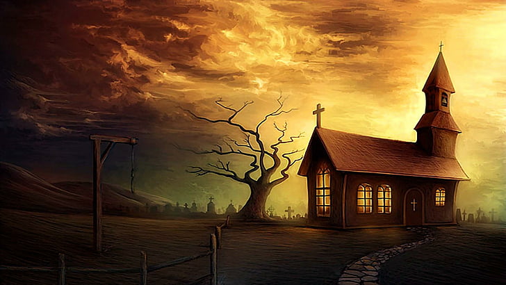 chruch, dream world, tree, cemetery, gallows, clouds, art, painting