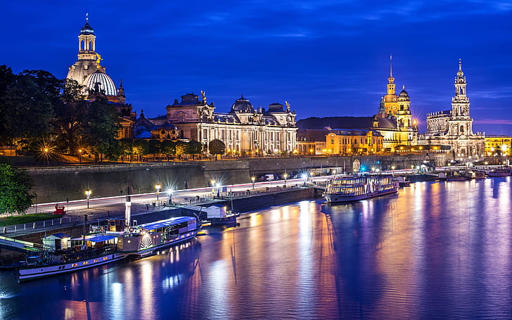 Germany, Dresden, Altstadt, city, night, lights, river, buildings, HD wallpaper