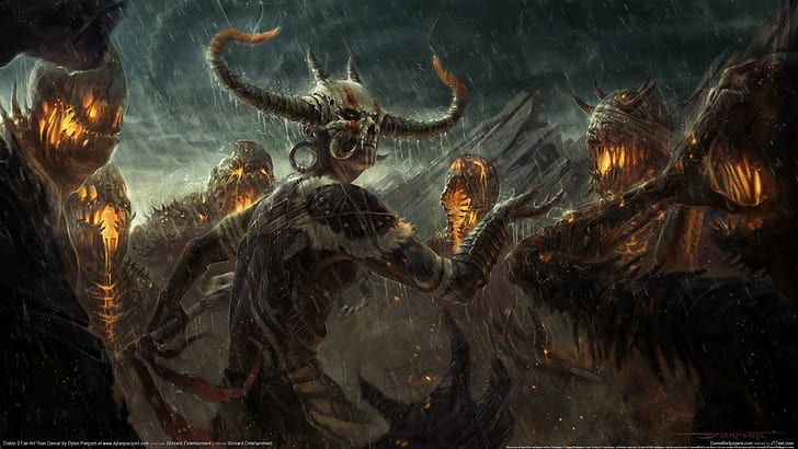 Diablo 3 video game, Witch Doctor, sorcerer, rain, demons