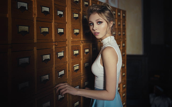 women's white sleeveless top, model, Sergey Zhirnov, blue skirt, HD wallpaper