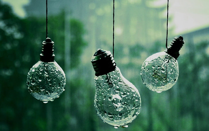 three light bulbs, water drops, lightbulb, rain, photography, HD wallpaper
