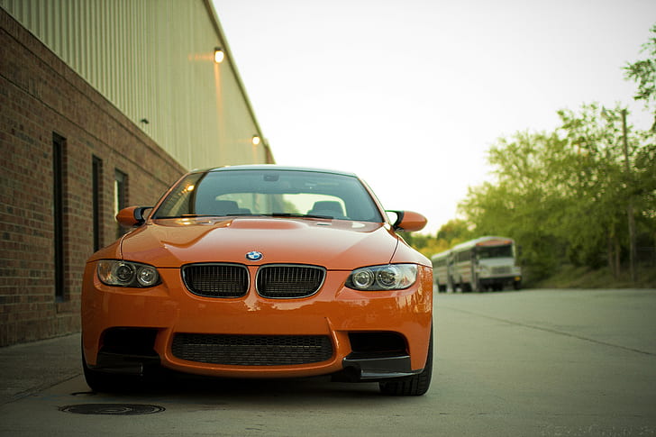 BMW M3 E92 Orange Car, orange bmw e90, street, building, front