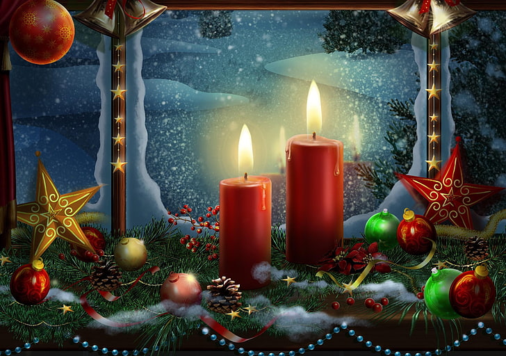 two lighted red pillar candles digital wallpaper, holiday candles