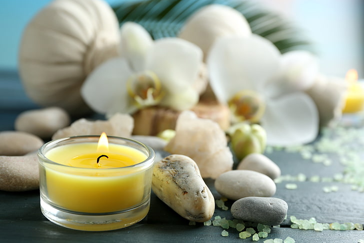 yellow votive candle, flowers, stones, candles, relax, Spa, still life, HD wallpaper