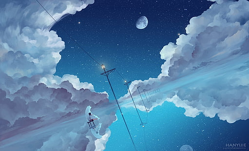Hd Wallpaper Clouds And Moon Illustration Anime Anime Girls Bears Sky Wallpaper Flare