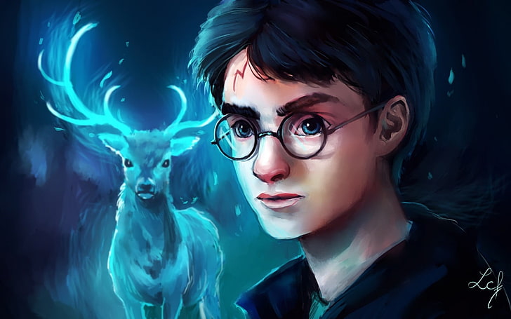 Harry Potter, art, luminos, glasses, deer, boy, ludmila cera foce, HD wallpaper