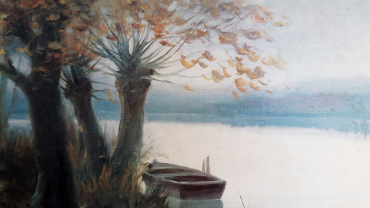 painting, lake, art, impressionist, tree, calm, sky, boat, lakeside