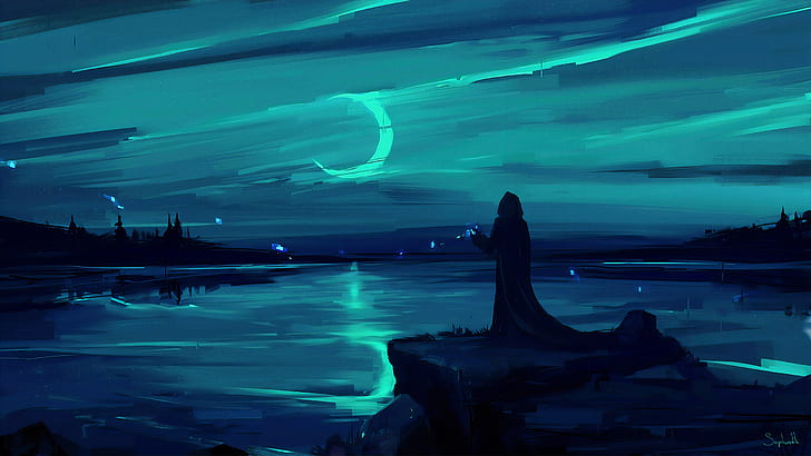 moon, fantasy, magic, landscape, night, figure, lake, man, painting, HD wallpaper