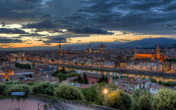 city, cityscape, river, bridge, Florence, Italy, sunset, architecture