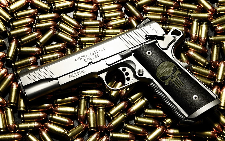 grey and black semi automatic pistol and brass bullet lot, ammunition, HD wallpaper