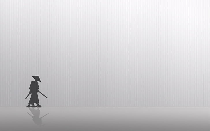 Samurai silhouette, silhouette of human wearing hat, minimalistic, HD wallpaper