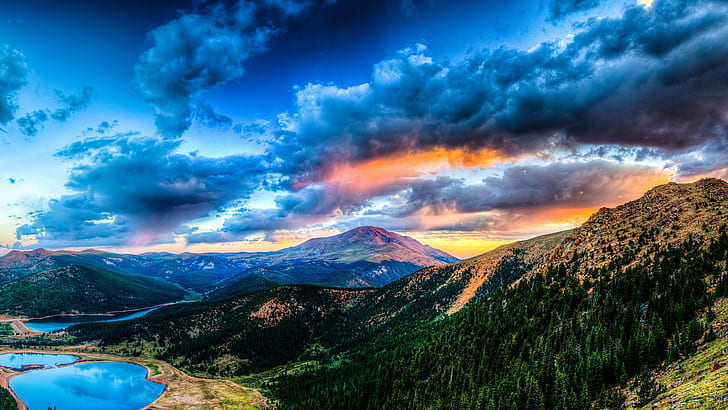 Beautiful nature landscape, mountains, forest, lake, clouds, sunset, HD wallpaper