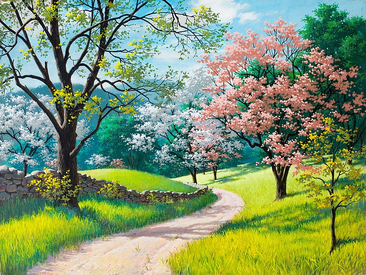 Beautiful painting, spring, blossoms, trees, grass, road