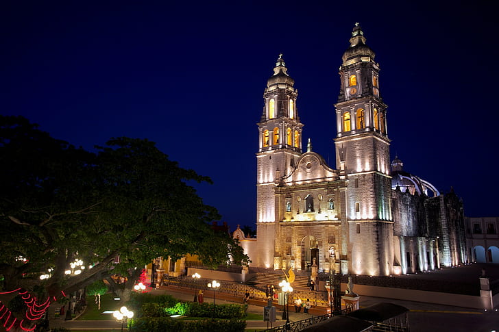 architecture, religious, temple, cathedral, Mexico, trees, night