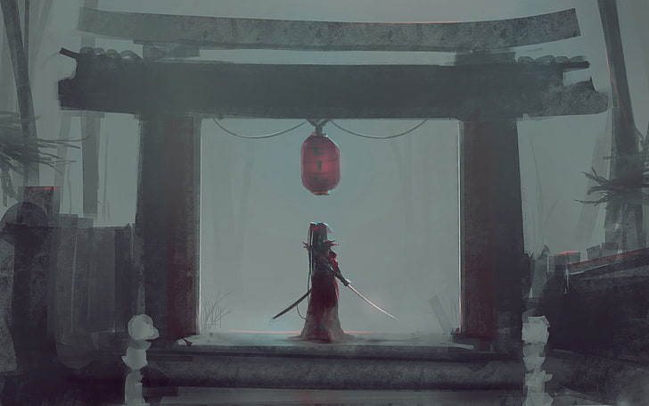 warrior standing under Torii gate illustration, Japan, temple
