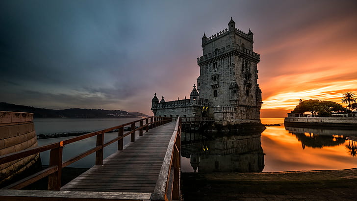 close up photo of bridge headed to the gray castle with a sunrise view, lisbon, portugal, lisbon, portugal, HD wallpaper