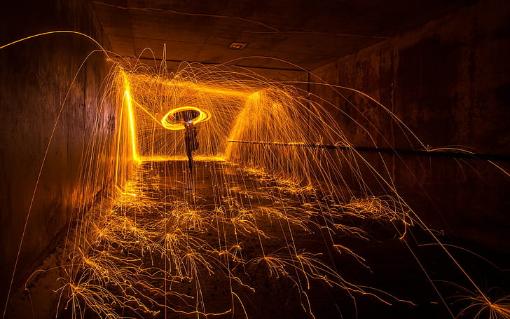 long exposure, sparks, wire wool, motion, illuminated, night, HD wallpaper