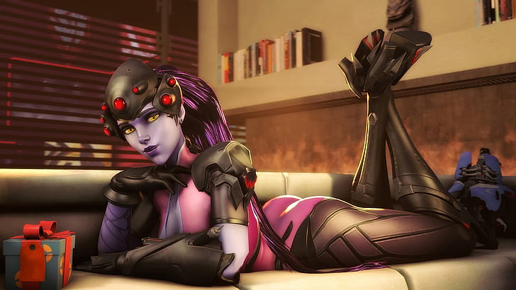 illustration of purple-haired woman, Overwatch Anniversary, Widowmaker (Overwatch)