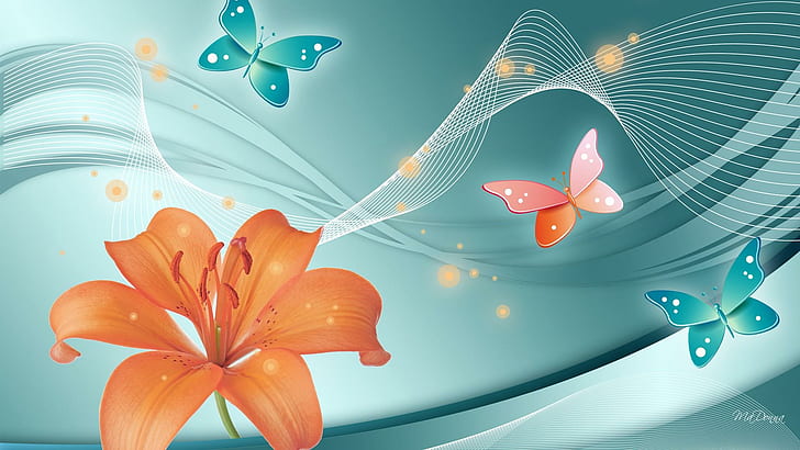 Lily Butterflies, cyan, smoke, papillon, flower, fall, turquious, HD wallpaper