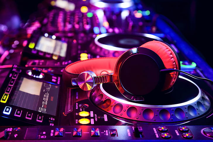music, headphones, mixing consoles, colorful, red headphones; dj turntable
